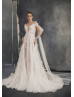 Short Sleeves Ivory Blooming Floral Lace Tulle Wedding Dress